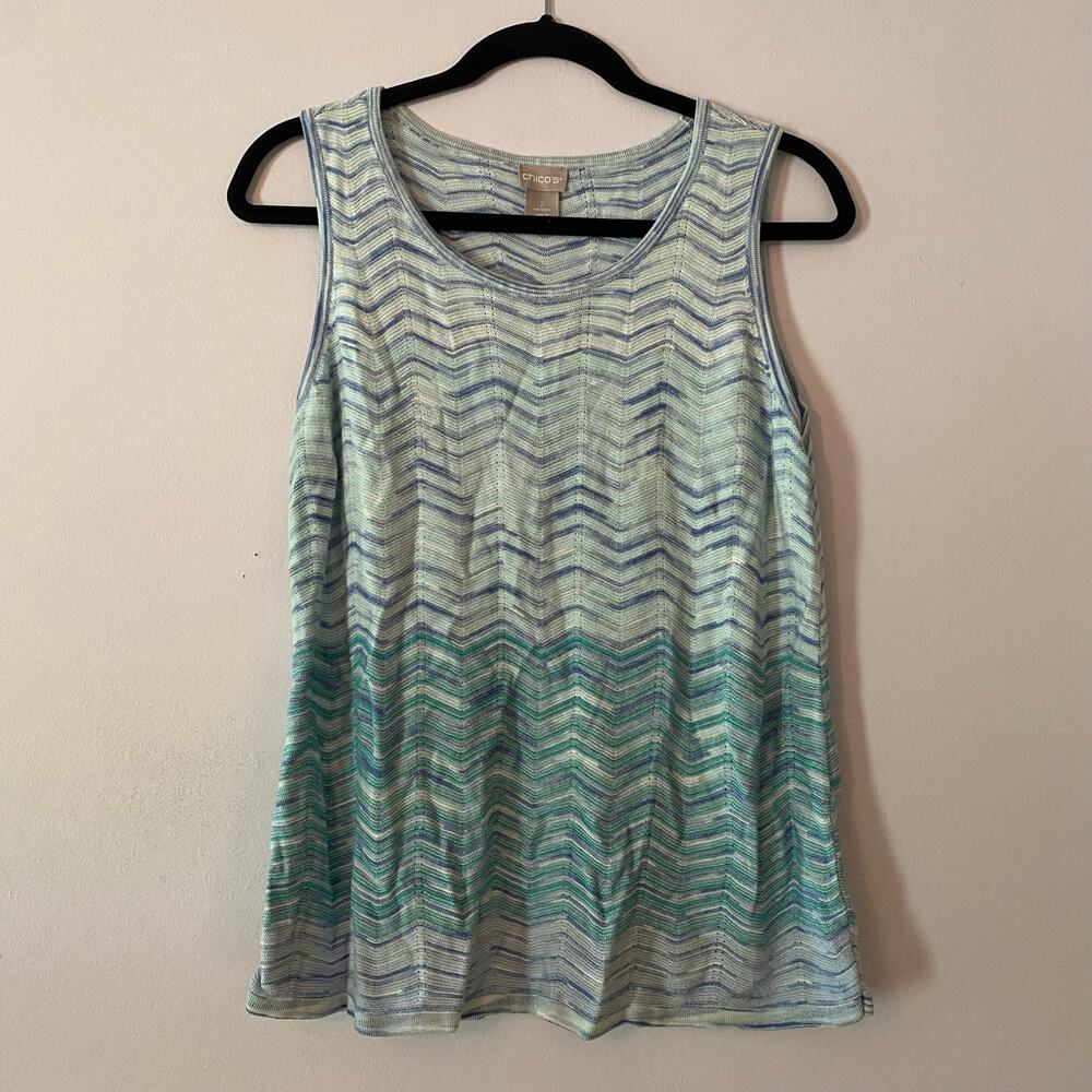 Chico's Blue Knit Sleeveless Blouse Summer Artsy Bohemian Women's size 2 / Large